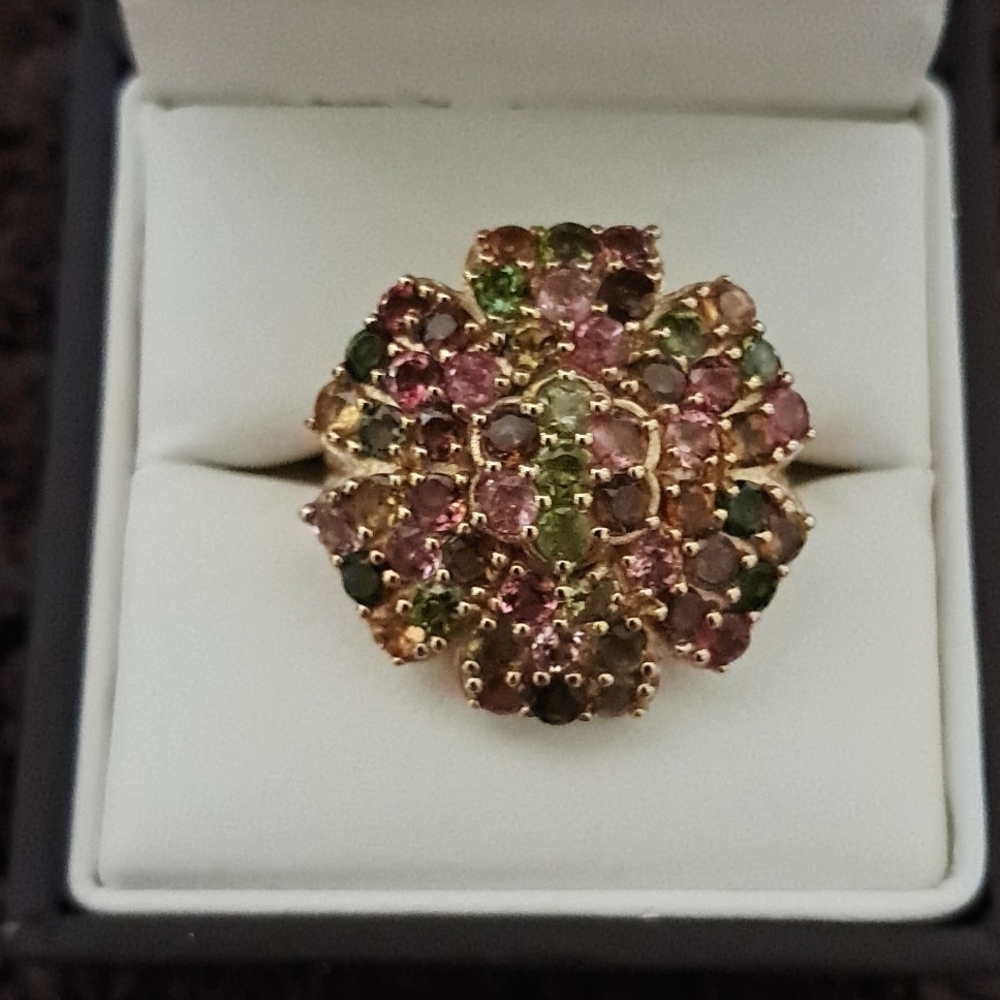Multi-Tourmaline Floral Ring In 14k YG Vermeil Over 925 Sterling Silver